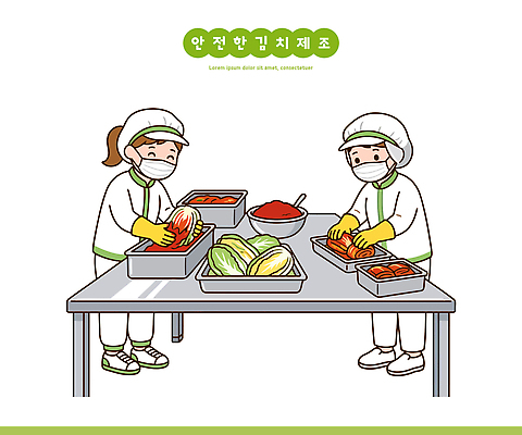 아시아 한식 채소 파일형식 벡터 김치 주방 양념 배추 사람 작업 재료 음식 손질 요리 안전 위생 한국 전통 일러스트 국내일러스트 AI파일 제조