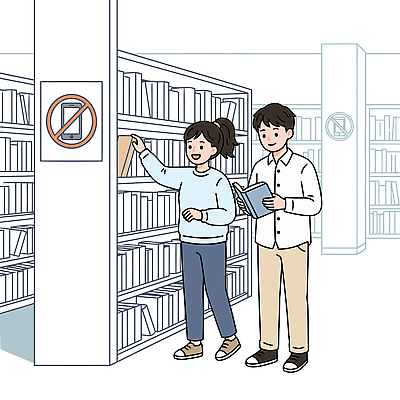 학생 여자 남자 문화 일러스트 학교 책장 책 스마트폰 학습 금지 정보 도서관 읽기 조용 핸드폰금지 국내일러스트 AI파일 교육 가구 모션 사람 핸드폰 스마트기기 파일형식 벡터 생활용품 전자제품 오브젝트