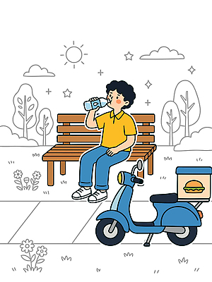 나무 공원 남자 음료 벤치 일러스트 하늘 휴식 건강 일상 여름 오토바이 햄버거 배달원 배송 배달음식 한가함 국내일러스트 AI파일 식물 직업 계절 공공시설 음식 컨셉 의자 패스트푸드 사람 라이프 바이크 배달 파일형식 벡터 육상교통 가구 생활 인스턴트 시설 교통수단 생활용품 교통 오브젝트