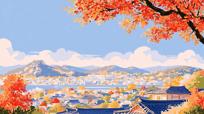 JPG 나무 전통 여행 단풍 일러스트 자연 하늘 산 한국 풍경 마을 가을 도시 한옥마을 경관 국내일러스트 AI일러스트 AI콘텐츠 식물 계절 아시아 잎 한옥 생태계 파일형식 한국전통 나라 고건축 건축물 건축