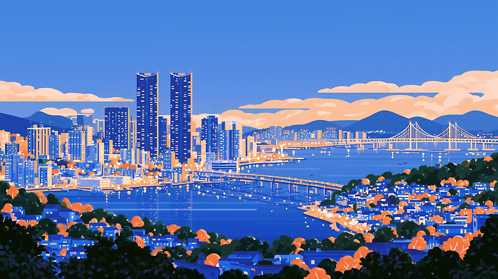 JPG 여행 일러스트 하늘 조명 풍경 강 고층빌딩 다리 도시 저녁 부산 풍경화 전경 국내일러스트 AI일러스트 AI콘텐츠 한국 빌딩 밤 야간 그림 파일형식 탑뷰 자연요소 아시아 건물 건축물 나라 건축