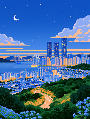 JPG 바다 일러스트 자연 하늘 산 거리 풍경 해변 건물 다리 도시 저녁 부산 가교 전경 국내일러스트 AI일러스트 AI콘텐츠 건축물 한국 밤 야간 생태계 파일형식 탑뷰 자연요소 건축 아시아 나라