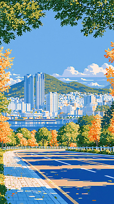 JPG 나무 도로 여행 일러스트 자연 하늘 산 거리 한국 거리풍경 풍경 건물 가을 도시 부산 국내일러스트 AI일러스트 AI콘텐츠 식물 건축물 계절 아시아 길 교통시설 생태계 파일형식 건축 나라 교통 시설