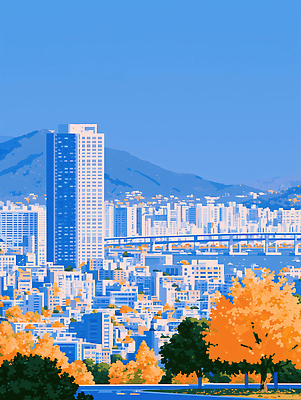 JPG 나무 계절 일러스트 자연 하늘 산 풍경 건물 일상 파란색 도시풍경 고층빌딩 가을 다리 도시 부산 풍경화 전경 국내일러스트 AI일러스트 AI콘텐츠 식물 건축물 컬러 한국 빌딩 라이프 그림 생태계 파일형식 탑뷰 건축 아시아 생활 나라