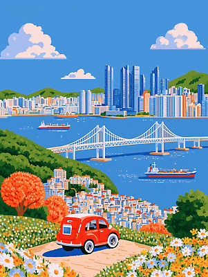 JPG 꽃 바다 여행 일러스트 자동차 자연 하늘 풍경 해변 항구 고층빌딩 다리 도시 배 언덕 부산 국내일러스트 AI일러스트 AI콘텐츠 식물 육상교통 교통시설 한국 빌딩 생태계 파일형식 아시아 교통수단 교통 건물 시설 건축물 나라 건축