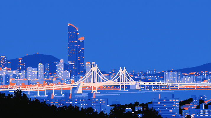 JPG 문화 바다 여행 야경 일러스트 하늘 조명 거리 풍경 건물 관광지 빛 다리 도시 저녁 부산 광안대교 전경 국내일러스트 AI일러스트 AI콘텐츠 건축물 한국 밤 야간 가교 파일형식 탑뷰 자연요소 건축 아시아 나라