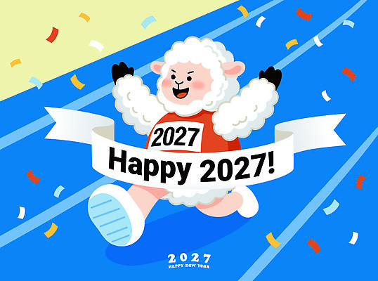 동물 캐릭터 배너 일러스트 새해 기념 표정 이벤트 달리기 축제 축하 양 즐거움 트랙 꽃가루 완주 2027년 국내일러스트 AI파일 정미년 감정 컨셉 포유류 모션 가루 연도 파일형식 벡터