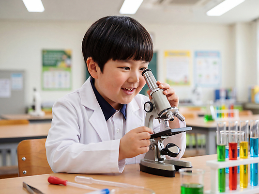 JPG 편집이미지 교육 초등학생 과학 교실 초등학교 현미경 실험 소년 학습 기구 즐거움 시험관 호기심 발견 의료성형뷰티 편집실사 AI인물포토 학생 남자 감정 어린이 컨셉 학교 실험기구 사람 CG 파일형식 AI포토 AI콘텐츠