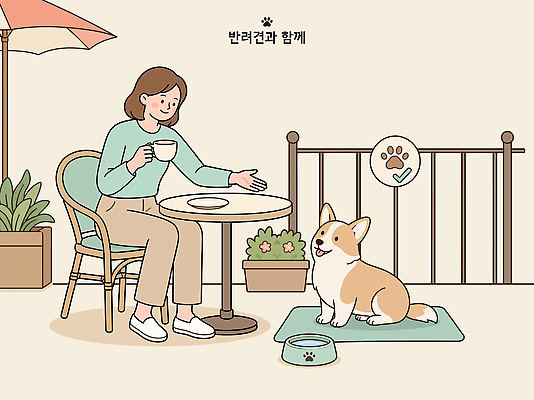 그릇 여자 반려견 커피 일러스트 탁자 휴식 앉기 카페 강아지 편안함 먹이 즐거움 국내일러스트 AI파일 식기 감정 음료 가구 컨셉 모션 사람 반려동물 상점 감각 개 파일형식 벡터 동물 생활용품 포유류 오브젝트