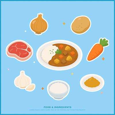 음식 일러스트 식재료 재료 밥 양파 감자 마늘 육류 요리 식사 당근 향신료 준비 레시피 요리중 카레 먹거리 식사준비 국내일러스트 AI파일 채소 모션 뿌리채소 향미료 파일형식 벡터 양념