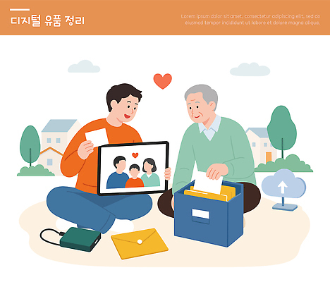 일러스트 가족 대화 사랑 사람 상자 디지털 자료 추억 편지 파일 정리 소통 유품 국내일러스트 AI파일 감정 컨셉 관계 말하기 장례 파일형식 벡터 모션