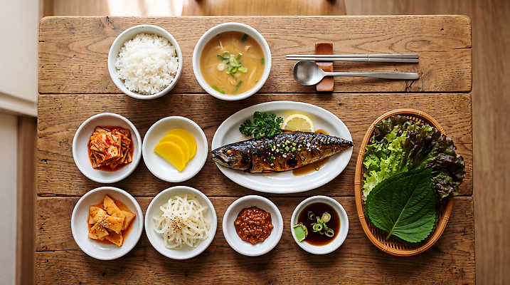 JPG 편집이미지 탁자 밥 반찬 김치 식사 상추 무 해산물 고등어 고등어구이 의료성형뷰티 편집실사 AI인물포토 한식 음식 가구 채소 뿌리채소 어류 CG 생선구이 파일형식 AI포토 생활용품 수중동물 구이 생선요리 AI콘텐츠 동물 오브젝트