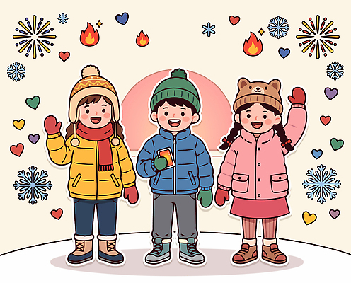 캐릭터 모자 손 여자 남자 행복 감정 장갑 겨울 일러스트 불꽃 새해 웃음 일출 하트 눈송이 즐거움 국내일러스트 AI파일 모양 잡화 계절 불 표정 사람 신체부위 노을 눈 파일형식 벡터 자연요소