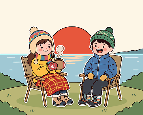 모자 옷 여자 남자 호수 겨울 의자 일러스트 새해 따뜻함 웃음 앉기 풍경 친구 태양 일출 마시기 수증기 국내일러스트 AI파일 자연요소 잡화 계절 가구 관계 모션 표정 사람 노을 파일형식 벡터 생활용품 오브젝트