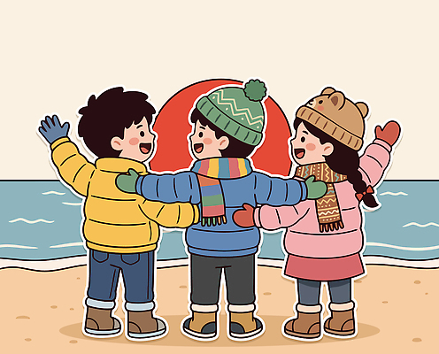 모자 여자 남자 행복 바다 장갑 겨울 일러스트 새해 웃음 해변 친구 태양 일출 즐거움 겨울옷 팔 수평선 국내일러스트 AI파일 자연요소 잡화 옷 계절 감정 관계 표정 사람 신체부위 노을 파일형식 벡터
