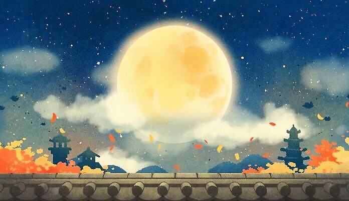 자연요소 건축물 계절 명절 컨셉 잎 동영상 파일형식 달 가을 밤 하늘 산 건물 나뭇잎 떨어짐 풍경 밝음 MP4 추석 모션그래픽