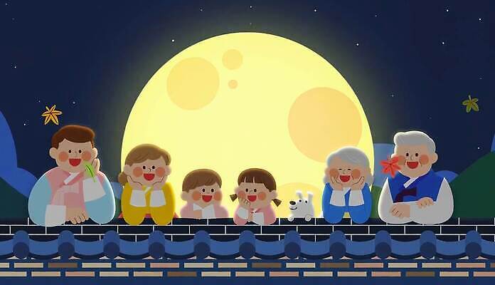 명절 감정 관계 표정 기와 사람 담장 달 생태계 동영상 파일형식 기와담장 가족 보름달 밤 하늘 웃음 풍경 행복 어린이 성인 모임 자연 MP4 추석 모션그래픽