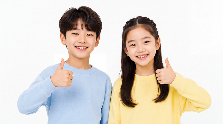 JPG 편집이미지 어린이 표정 밝음 남매 미소 웃음 소녀 소년 친구 엄지손가락 즐거움 소통 의료성형뷰티 편집실사 AI인물포토 여자 남자 감정 컨셉 손가락 가족 관계 사람 CG 파일형식 AI포토 손 AI콘텐츠 신체부위