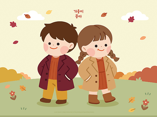 패션 꽃 어린이 일러스트 자연 놀이 나뭇잎 부츠 따뜻함 웃음 풍경 야외 두명 친구 햇빛 산책 코트 가을 국내일러스트 AI파일 식물 계절 신발 잎 관계 휴식 표정 사람 빛 외투 생태계 파일형식 벡터 컨셉 상의 옷