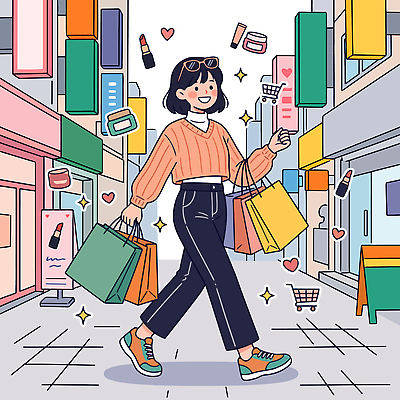 여자 패션 가방 일러스트 거리 간판 사람 일상 쇼핑 걷기 상점 도시 소비 상품 즐거움 점포 스타일 국내일러스트 AI파일 잡화 감정 모션 라이프 파일형식 벡터 생활