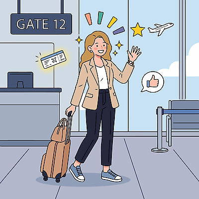 여자 여행 일러스트 비행기 실내 표정 사람 기쁨 짐 공항 항공권 즐거움 게이트 손흔들기 여행준비 출국 터미널 국내일러스트 AI파일 감정 항공교통 교통시설 모션 대중교통 내부 티켓 준비 파일형식 벡터 교통수단 교통 시설