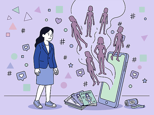 여자 상징 다이어트 일러스트 기술 건강 소녀 스마트폰 디지털 방 자신감 사회 잡지 고민 걱정 이미지 비율 자아 외모 가스라이팅 국내일러스트 AI파일 감정 어린이 사람 간행물 핸드폰 스마트기기 학대 공동체 파일형식 벡터 전자제품 사회이슈 컨셉