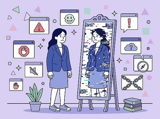 기호 디자인 응시 여자 일러스트 서기 사람 컴퓨터 디지털 거울 메시지 심볼 고민 그림 오류 혼란 가스라이팅 국내일러스트 AI파일 문자 시선 감정 컨셉 모션 전자제품 학대 파일형식 벡터 사회이슈