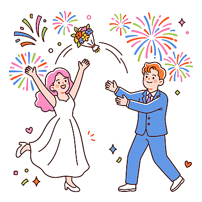 행복 신부 부케 신랑 일러스트 결혼식 불꽃놀이 사랑 사람 이벤트 장식 파티 축제 기쁨 로맨틱 축하 즐거움 국내일러스트 AI파일 감정 꽃다발 결혼 컨셉 놀이 파일형식 벡터 꽃 식물