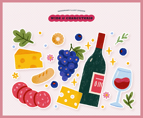 PSD 빵 스티커 일러스트 포도 치즈 육류 세트 와인 소시지 오브젝트 국내일러스트 음식 과일 식재료 유제품 주류 가공식품 파일형식 음료