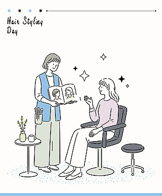 헤어스타일 디자인 여자 의자 일러스트 기술 책 머리카락 도구 계획 미용실 디자이너 미용사 고객 서비스 상담 관심 스타일링 국내일러스트 AI파일 직업 가구 컨셉 사람 머리 뷰티샵 파일형식 벡터 생활용품 신체부위 상점 오브젝트