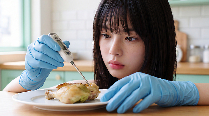 JPG 편집이미지 음식 장갑 포크 요리 안전 소녀 주방 닭고기 기계 검사 급식 영양사 의료성형뷰티 편집실사 AI인물포토 식기 잡화 여자 어린이 육류 CG 파일형식 AI포토 식재료 사람 AI콘텐츠