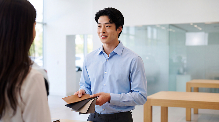 JPG 편집이미지 남자 자동차 영업 대화 미소 사무실 판매 견본 업무 고객 직원 서비스 상담 영업사원 의료성형뷰티 편집실사 AI인물포토 육상교통 비즈니스 표정 말하기 사람 작업 직장인 CG 파일형식 AI포토 직업 교통수단 모션 AI콘텐츠 교통
