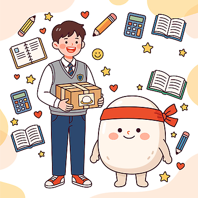 JPG 캐릭터 학생 별 일러스트 청소년 책 학습 상자 연필 공책 수능 계산기 합격 찹쌀떡 국내일러스트 자연요소 교육 문구용품 학용품 떡 사람 필기구 장비 시험 파일형식 오브젝트