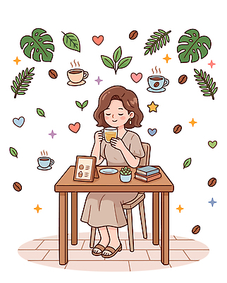 여자 잎 일러스트 자연 탁자 휴식 따뜻함 장식 책 독서 카페 원두 편안함 메뉴판 국내일러스트 AI파일 식물 커피 가구 컨셉 사람 상점 감각 생태계 파일형식 벡터 음료 생활용품 오브젝트