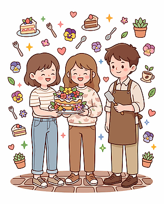 꽃 잎 일러스트 자연 디저트 선물 웃음 사람 장식 친구 케이크 카페 기쁨 축하 달콤 국내일러스트 AI파일 식물 감정 음식 컨셉 관계 표정 상점 맛 생태계 파일형식 벡터