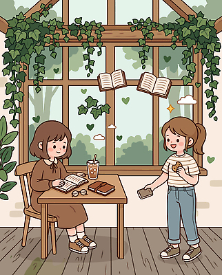 나무 음료 잎 일러스트 창문 자연 탁자 디저트 실내 이야기 대화 사람 책 독서 카페 국내일러스트 AI파일 식물 음식 가구 말하기 내부 상점 생태계 파일형식 벡터 생활용품 모션 오브젝트