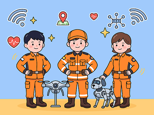 일러스트 협력 기술 안전 응급 긴급 작업 구출 분석 점검 구조대 드론 전문 AI_인공지능 국내일러스트 AI파일 컨셉 파일형식 벡터