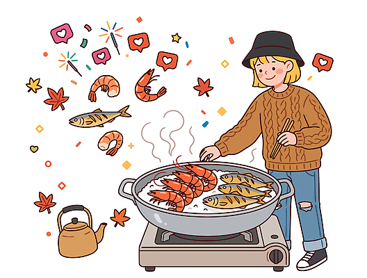 음식 일러스트 한국 따뜻함 요리 식사 기쁨 가을 맛 냄비 대하 해산물 즐거움 전어 국내일러스트 AI파일 계절 감정 아시아 컨셉 새우 어류 솥 파일형식 벡터 나라 주방용품 갑각류 수중동물 동물 생활용품 오브젝트
