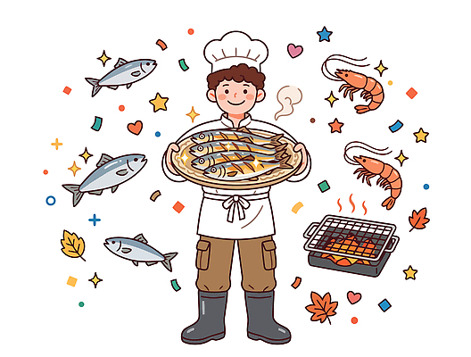 남자 음식 일러스트 한국 요리 요리사 가을 맛 그릴 바비큐 대하 전어 국내일러스트 AI파일 직업 계절 아시아 컨셉 주방용품 새우 어류 사람 파일형식 벡터 나라 생활용품 갑각류 수중동물 동물 오브젝트