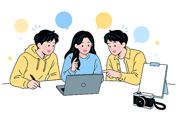 일러스트 회의 커뮤니케이션 협력 아이디어 이야기 대화 사람 친구 노트북 학습 카메라 작업 토론 서포터즈 소통 창의성 프로젝트 국내일러스트 AI파일 교육 컨셉 비즈니스 관계 말하기 전자제품 파일형식 벡터 모션