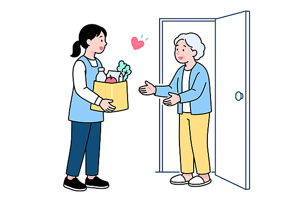 컨셉 말하기 성인 예절 파일형식 벡터 노년 음식 상자 문 대화 만남 인사 도움 친절 배송 방문 이웃 서비스 상호작용 국내일러스트 일러스트 AI파일