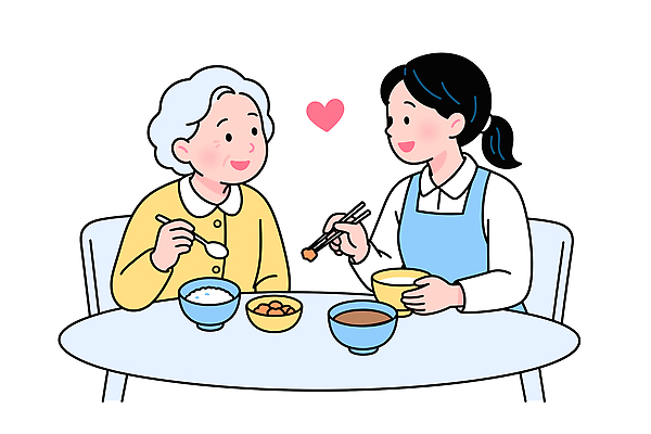노년 딸 행복 음식 일러스트 가족 엄마 함께함 대화 웃음 일상 식사 국내일러스트 AI파일 감정 컨셉 관계 표정 말하기 성인 라이프 파일형식 벡터 모션 사람 생활