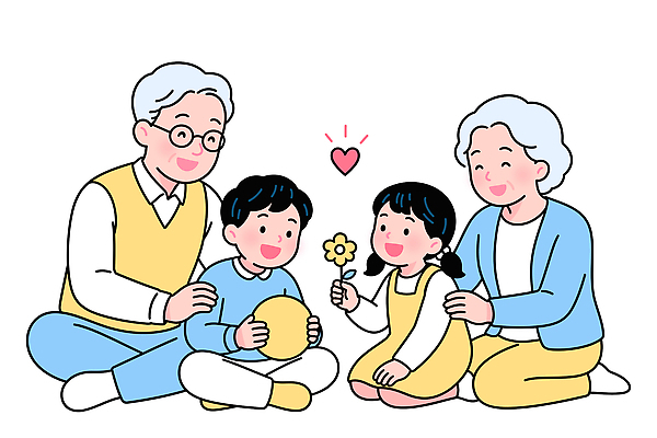 할아버지 노년 꽃 할머니 어린이 일러스트 공 가족 놀이 웃음 손주 즐거움 국내일러스트 AI파일 식물 여자 남자 감정 관계 표정 사람 성인 파일형식 벡터