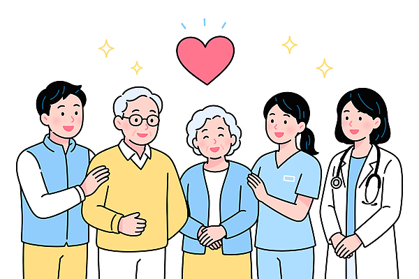 노년 행복 일러스트 가족 건강 미소 치료 간호사 의료진 의사 도움 돌봄 지원 국내일러스트 AI파일 직업 감정 컨셉 의학 관계 모션 표정 성인 파일형식 벡터 사람