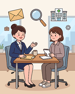 여자 커피 일러스트 협력 직장 대화 설명 사무실 업무 작업 편지 상담 확대경 의사소통 국내일러스트 AI파일 음료 회사 비즈니스 모션 말하기 사람 파일형식 벡터