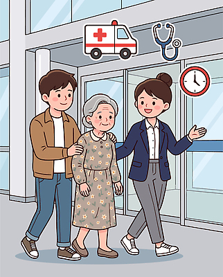 여자 노년 남자 일러스트 안내 병원 대화 걷기 환자 도움 구급차 시설 방문 국내일러스트 AI파일 컨셉 의학 모션 자동차 말하기 사람 성인 파일형식 벡터 육상교통 교통수단 교통