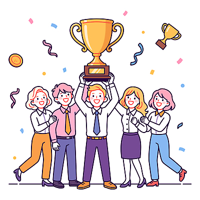 일러스트 포옹 협력 기념 웃음 여러명 기쁨 축하 상 트로피 동료 리더쉽 상금 세리머니 국내일러스트 AI파일 감정 다수 컨셉 관계 안기 표정 사람 상패 파일형식 벡터 모션 우승 최고