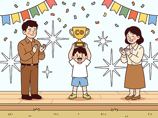 행복 어린이 일러스트 가족 응원 부모 기쁨 무대 축하 결과 박수 상 대회 프로그래머 국내일러스트 AI파일 직업 감정 컨셉 관계 사람 손짓 상패 파일형식 벡터 모션 우승 최고