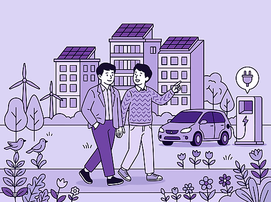 일러스트 자동차 자연 기술 대화 청년 건물 친구 걷기 환경 보라색 발전소 보행로 풍력에너지 태양에너지 전기자동차 주거지 충전소 청년주거지원 주거지원사업 국내일러스트 AI파일 건축물 길 육상교통 컬러 관계 모션 말하기 성인 에너지 그린에너지 생태계 충전 정부정책 파일형식 벡터 청년정책 건축 교통수단 사람 복지 정책 교통 사회이슈 컨셉