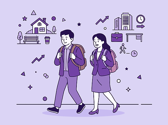 여자 남자 이동 가방 일러스트 직장 사람 청년 건물 걷기 보라색 도시 주거지 청년주거지원 주거지원사업 국내일러스트 AI파일 건축물 잡화 컬러 컨셉 회사 모션 성인 정부정책 파일형식 벡터 청년정책 건축 비즈니스 복지 정책 사회이슈
